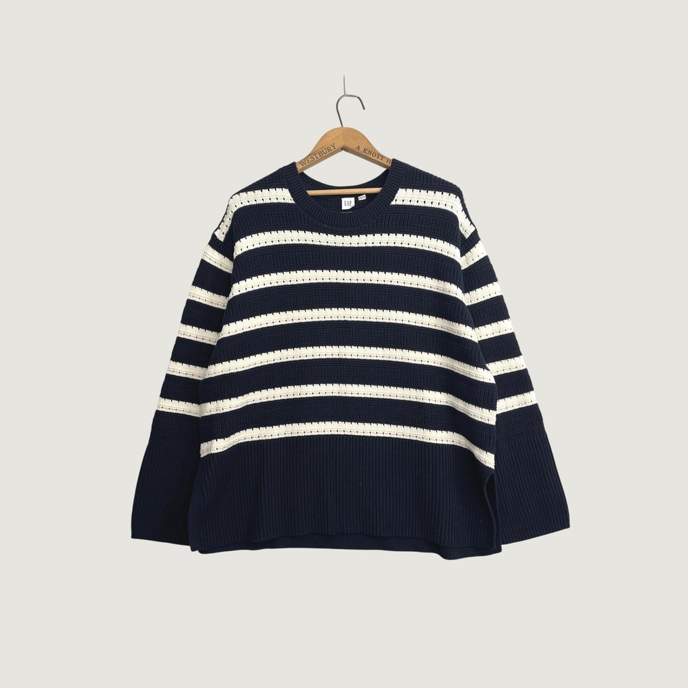 GAP Navy Blue White Striped Split Hem Cotton Pointelle Sweater Large Boxy Fit